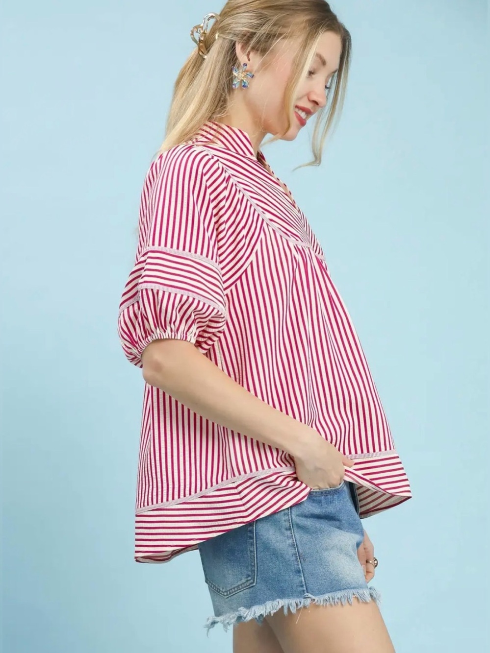 Umgee Striped Puff Sleeve Babydoll Top - Picture 2 of 6